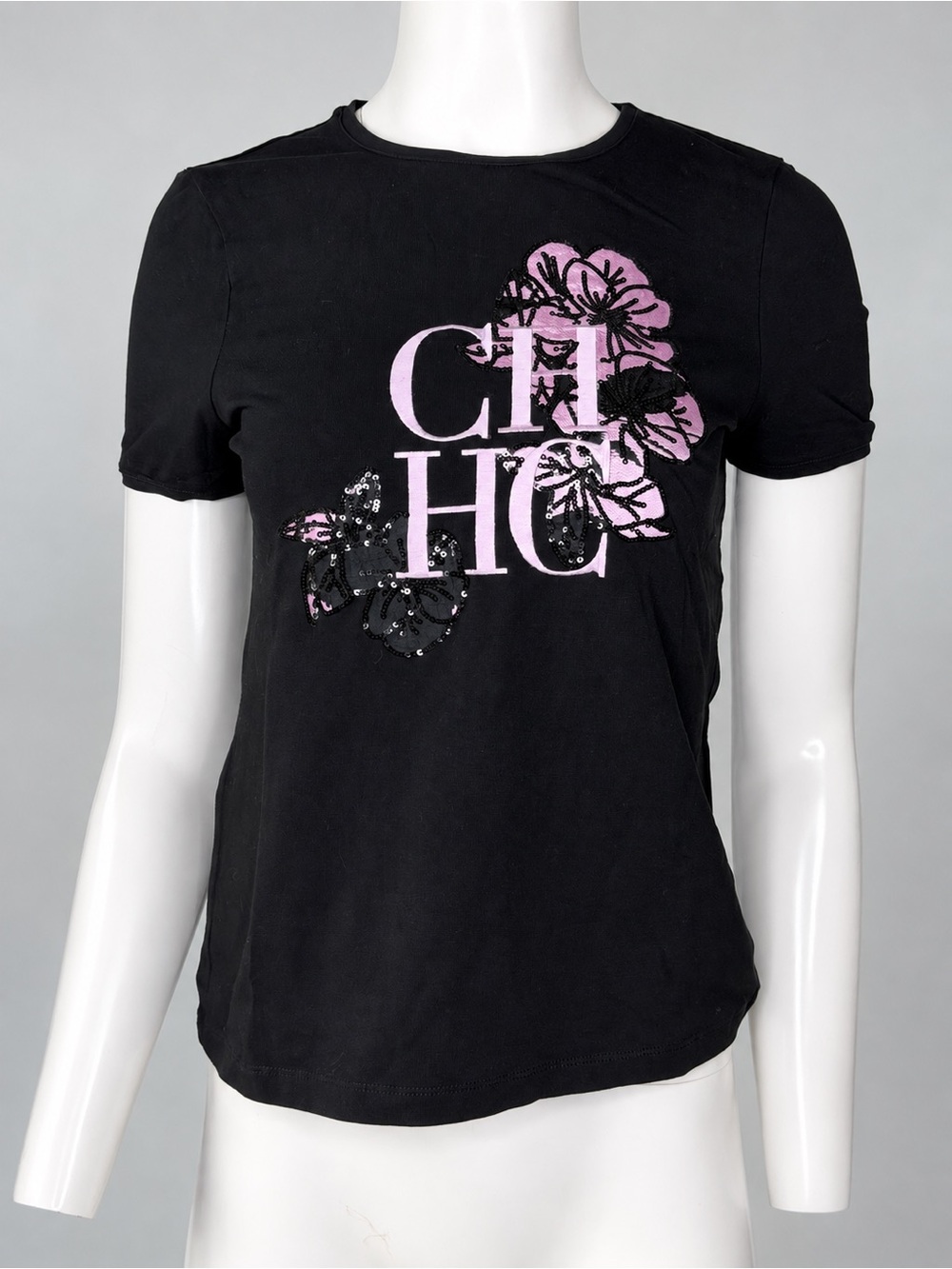 Carolina Herrera CH Women’s Black Pink Floral Sequin Graphic T-Shirt Size S